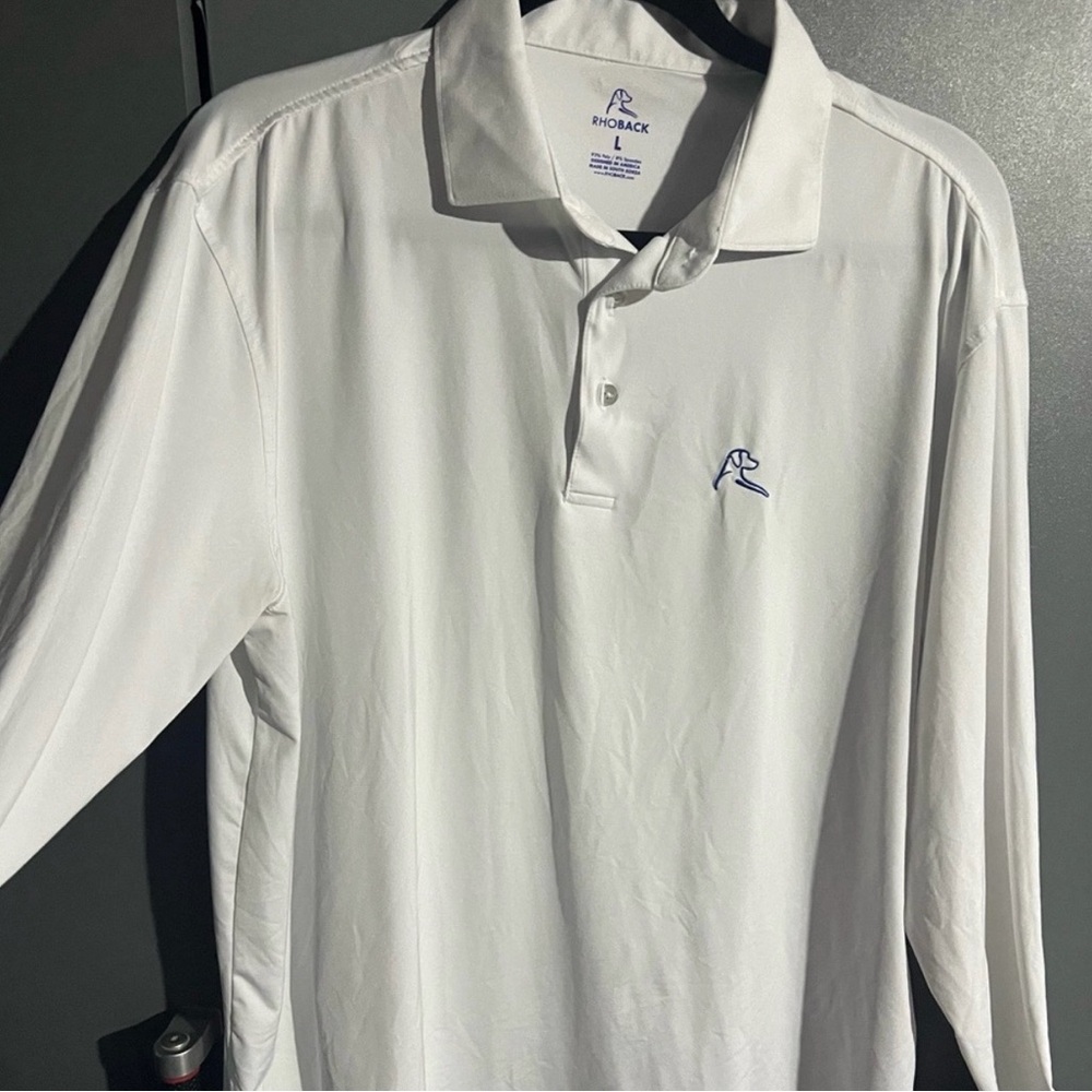 Rhoback White Polo Shirt with Blue Logo
